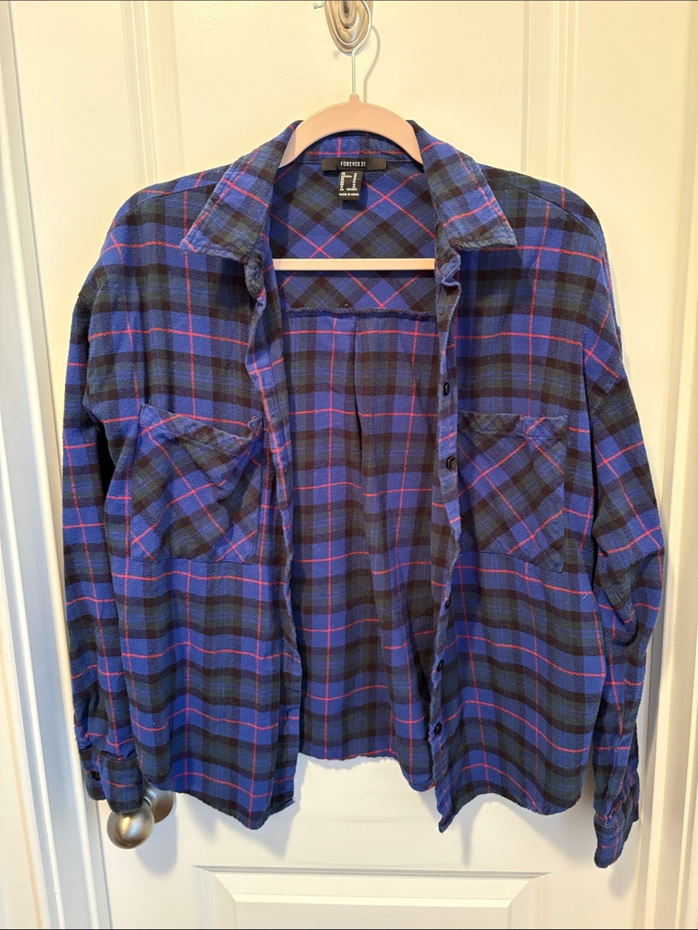 Forever 21 Blue, Black and Pink Plaid Flannel Shirt